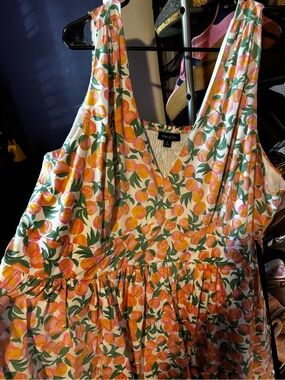 Retro Chic Peach & Green V-Neck Midi Dress